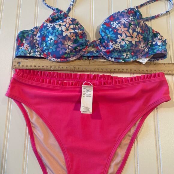 Cupshe Bikini NWT Women L Push Up Pink High Waist Floral Underwire Swimsuit Set - Picture 7 of 8